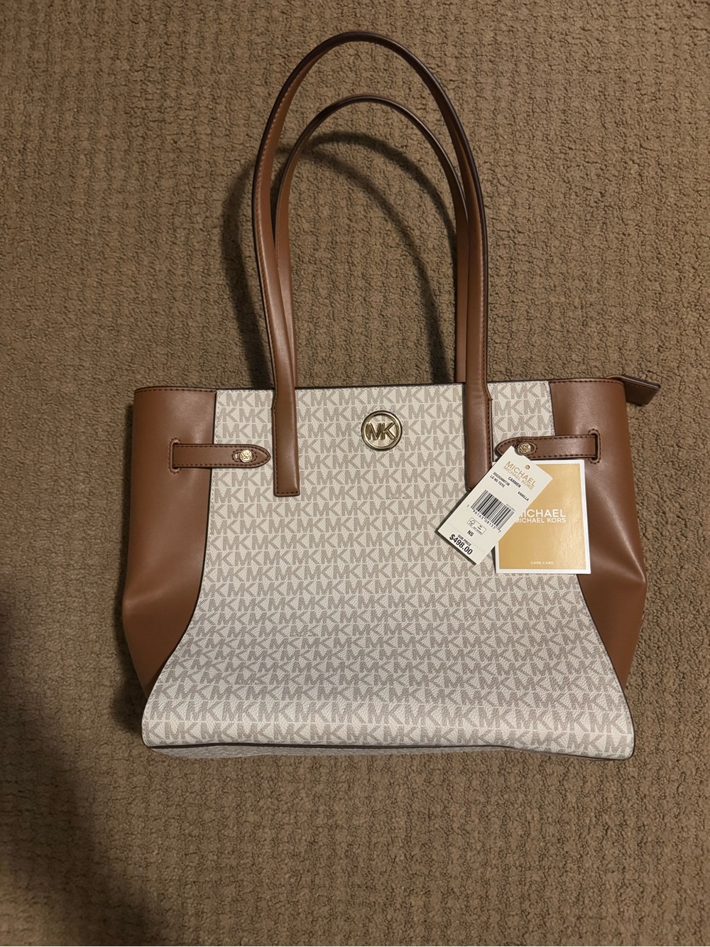 Michael Kors Vanilla MK Logo Tote with Brown Leather Trim